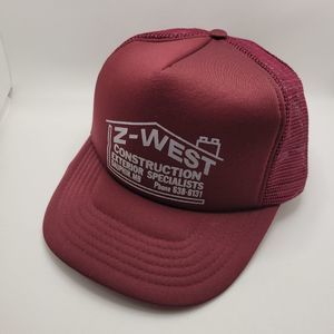 Vintage Dark Red Foam Mesh Snapback Trucker Hat Stacked Z-West Construction Logo